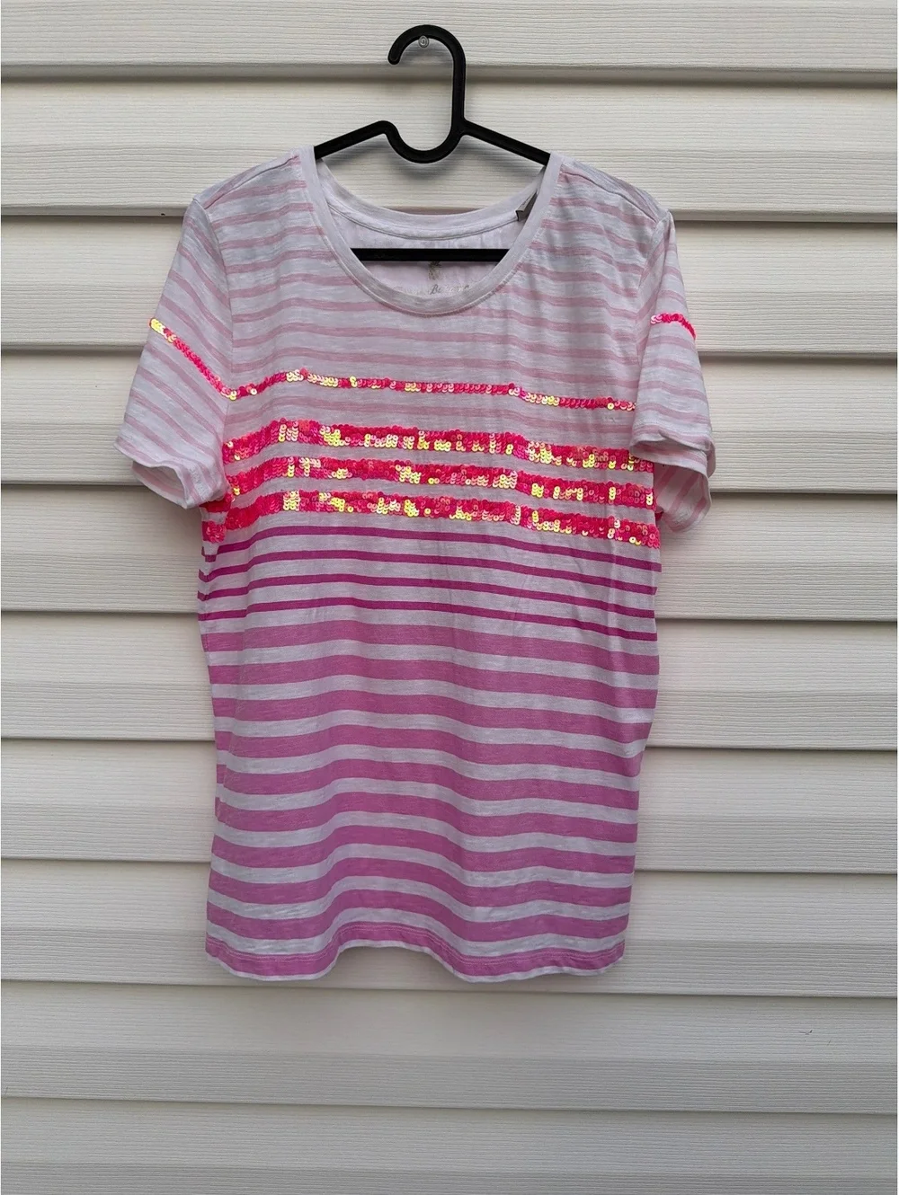 Tommy Bahama Women's L Pink White Striped Sequin Organic Cotton T-Shirt